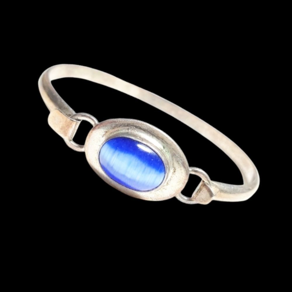 Vtg 925 Chrysoberyl Blue Cat's Eye Cabachon Bangle Sterling Silver Mexico